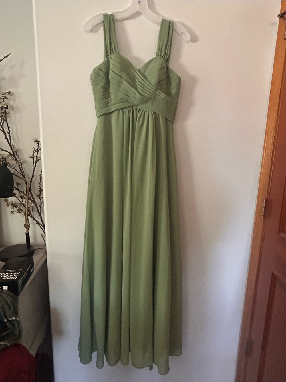Elegant pale Olive Green Maxi Dress with Pleated Bodice